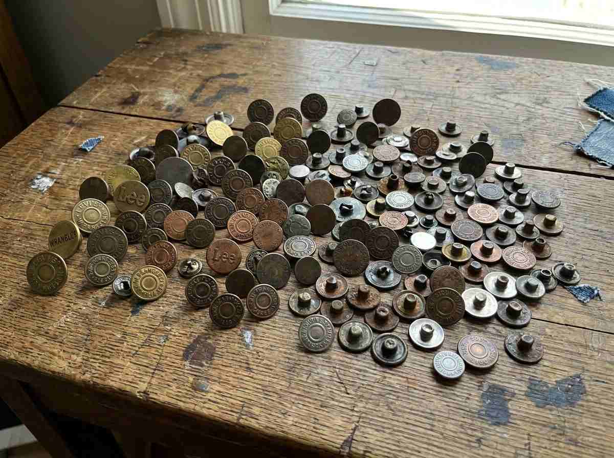 what are the buttons on the jeans for, What are the buttons on the jeans for shown as metal jean buttons in different sizes, finishes and embossed designs arranged on a wooden table.